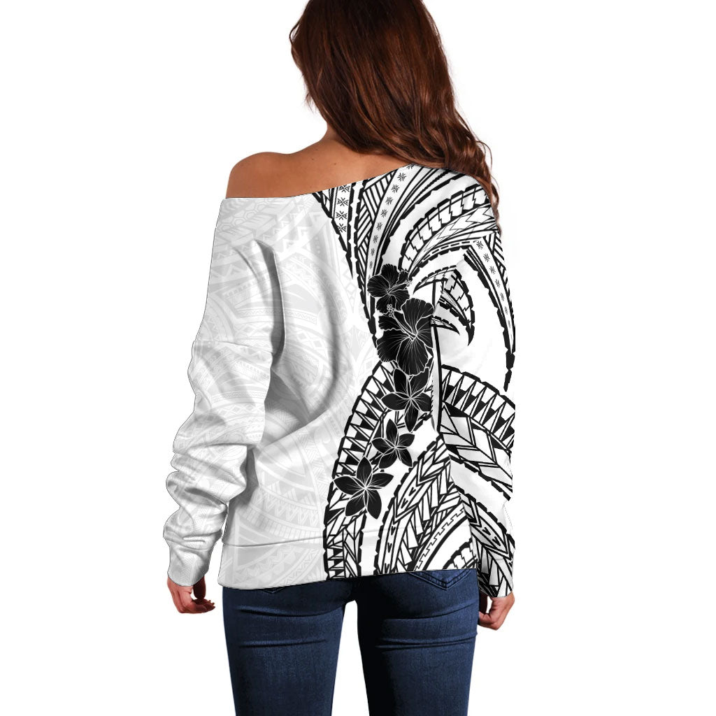 Black White Polynesia Tropical Flowers Off Shoulder Sweater