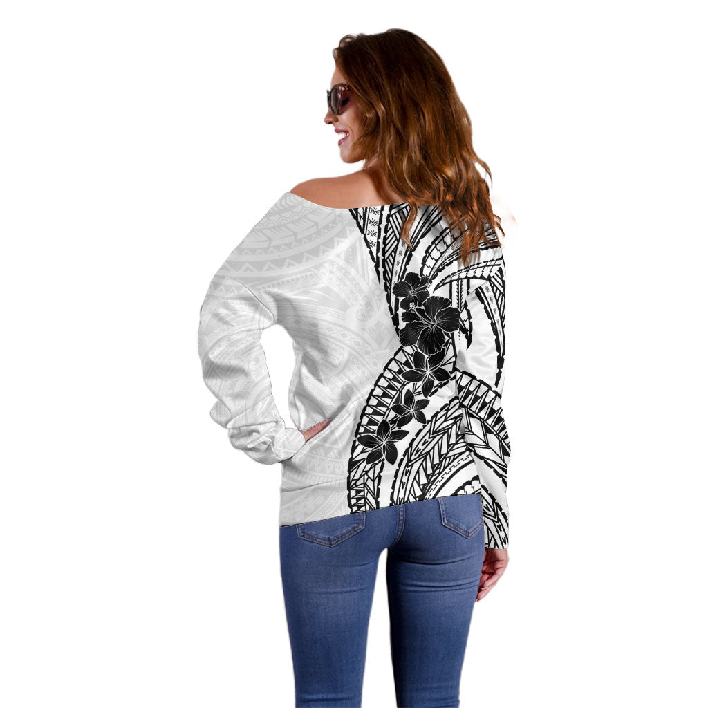 Black White Polynesia Tropical Flowers Off Shoulder Sweater