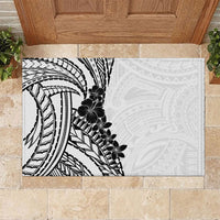 Black White Polynesia Tropical Flowers Rubber Doormat