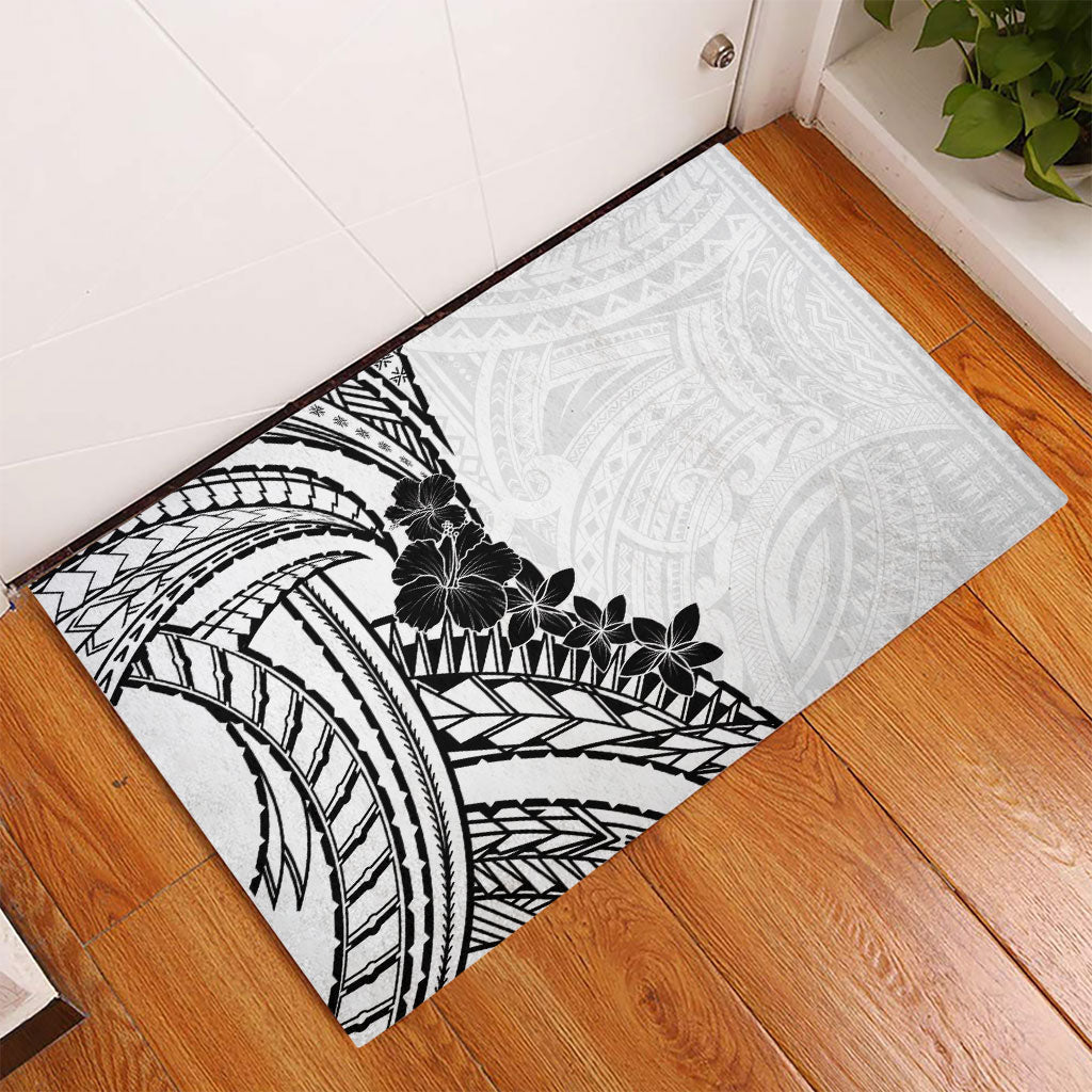 Black White Polynesia Tropical Flowers Rubber Doormat