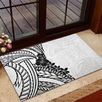 Black White Polynesia Tropical Flowers Rubber Doormat