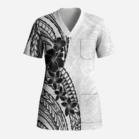 Black White Polynesia Tropical Flowers Scrub Top LT14 Adult White - Polynesian Pride