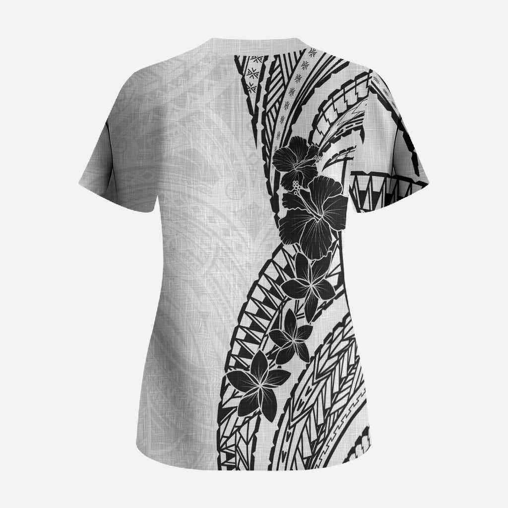 Black White Polynesia Tropical Flowers Scrub Top LT14 - Polynesian Pride