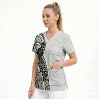 Black White Polynesia Tropical Flowers Scrub Top LT14 - Polynesian Pride