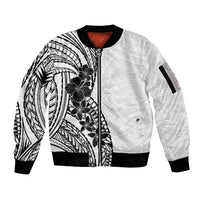 Black White Polynesia Tropical Flowers Sleeve Zip Bomber Jacket LT14 Unisex White - Polynesian Pride