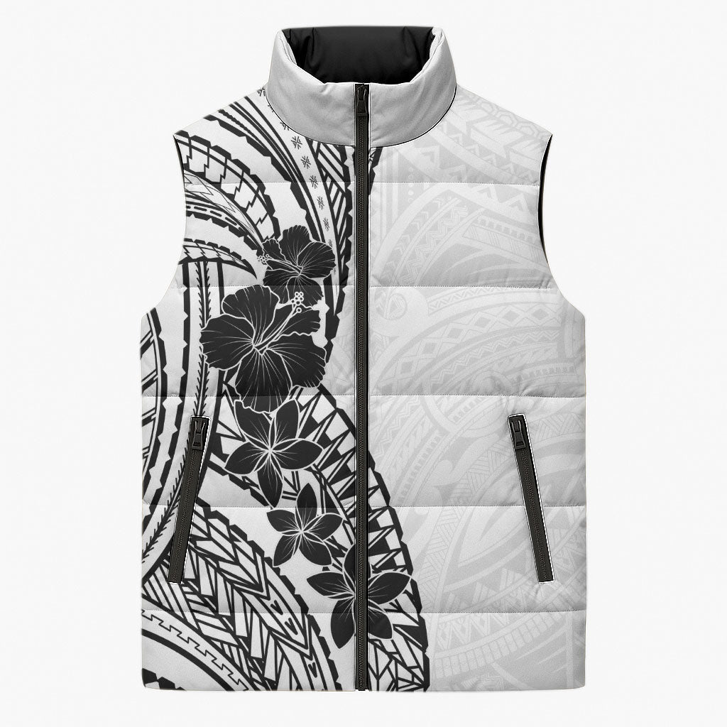 Black White Polynesia Tropical Flowers Sleeveless Puffer Jacket