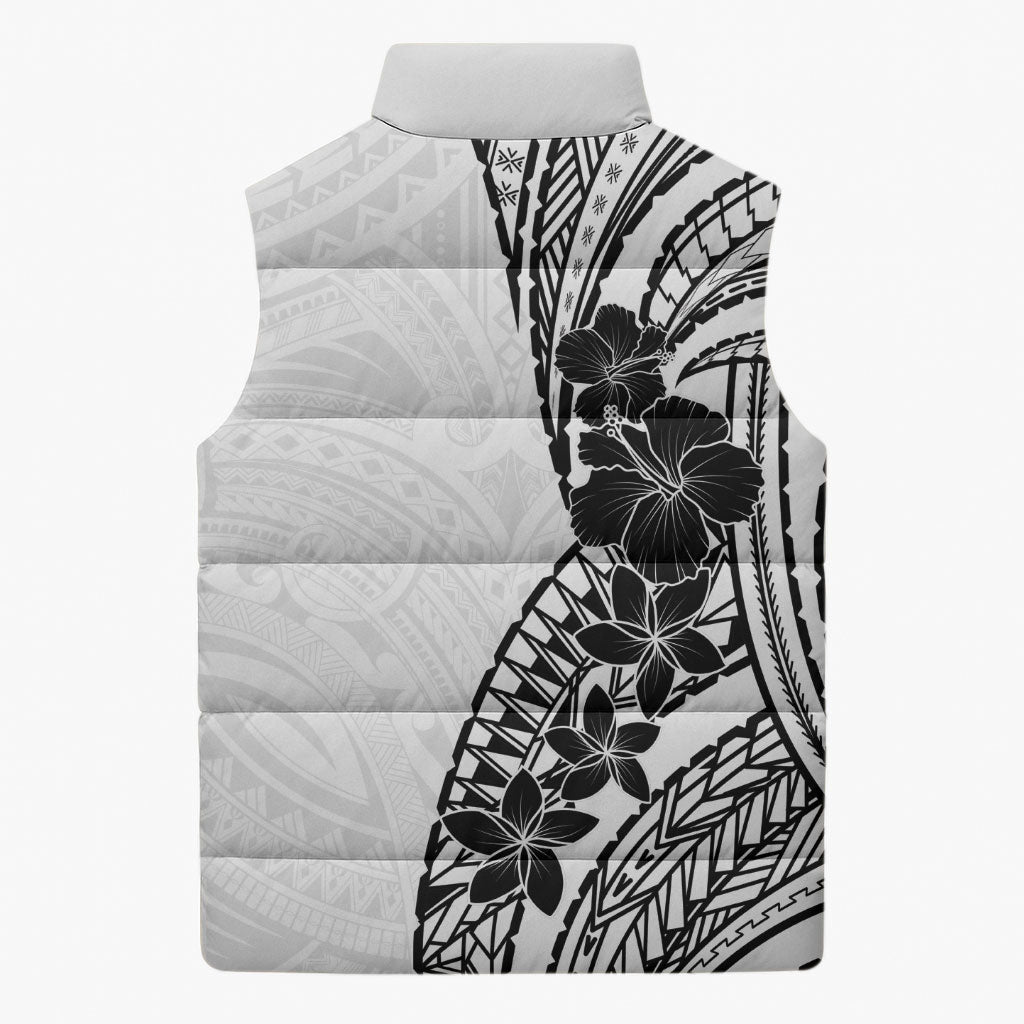 Black White Polynesia Tropical Flowers Sleeveless Puffer Jacket
