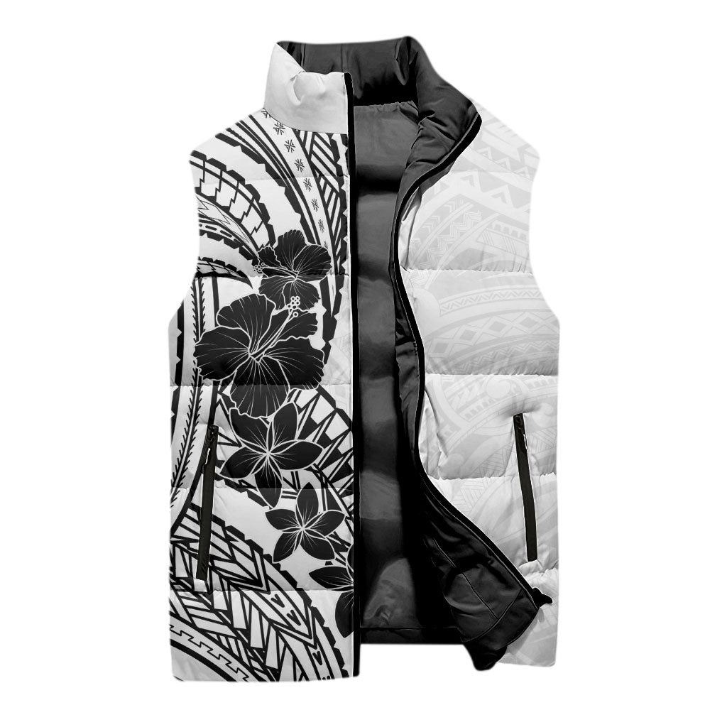Black White Polynesia Tropical Flowers Sleeveless Puffer Jacket