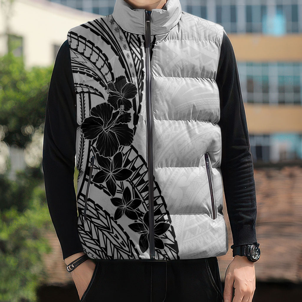 Black White Polynesia Tropical Flowers Sleeveless Puffer Jacket