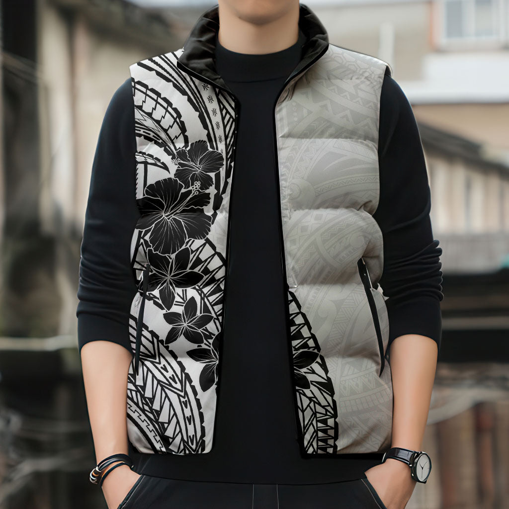 Black White Polynesia Tropical Flowers Sleeveless Puffer Jacket