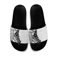 Black White Polynesia Tropical Flowers Slide Sandals