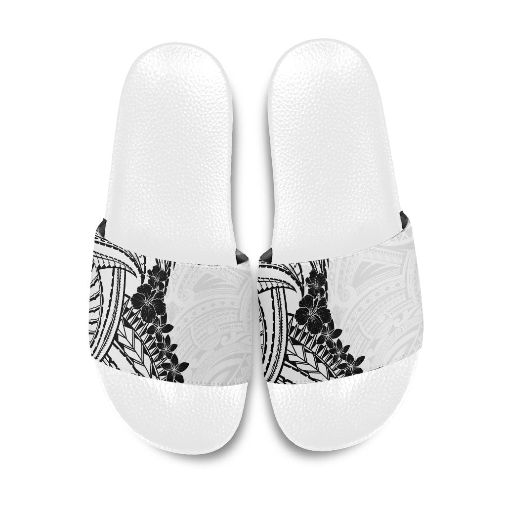 Black White Polynesia Tropical Flowers Slide Sandals