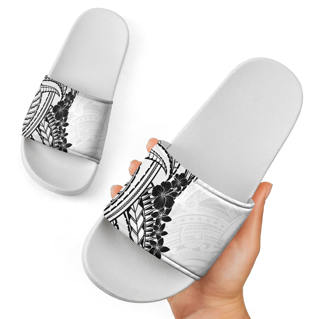 Black White Polynesia Tropical Flowers Slide Sandals