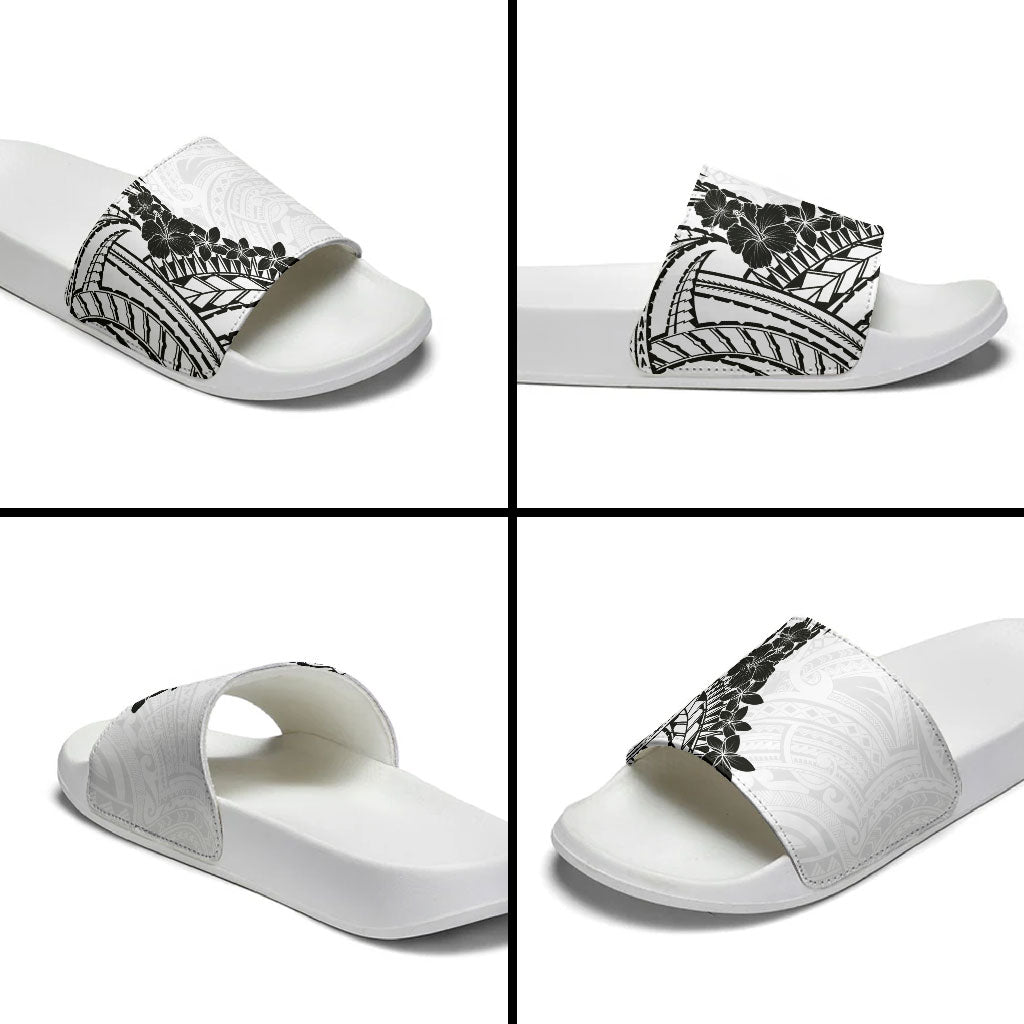 Black White Polynesia Tropical Flowers Slide Sandals