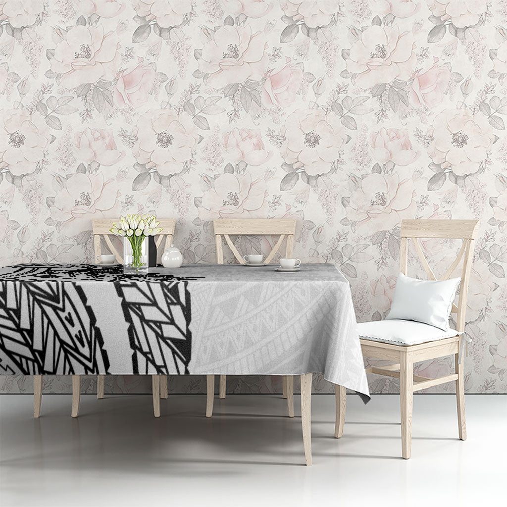 Black White Polynesia Tropical Flowers Tablecloth
