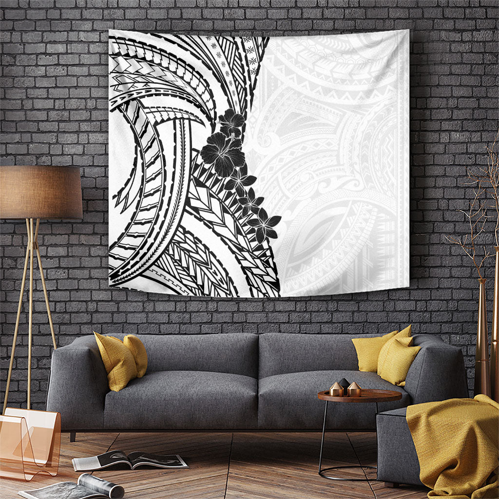 Black White Polynesia Tropical Flowers Tapestry