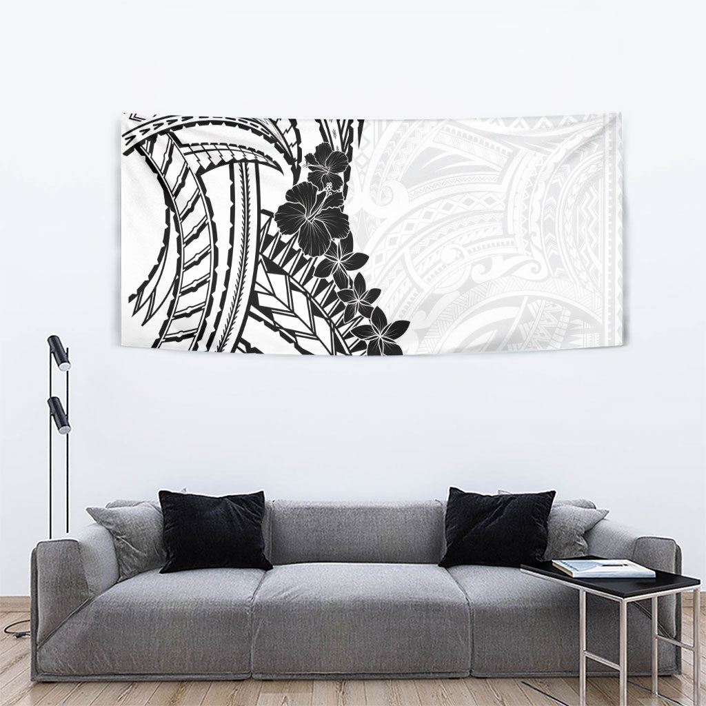 Black White Polynesia Tropical Flowers Tapestry