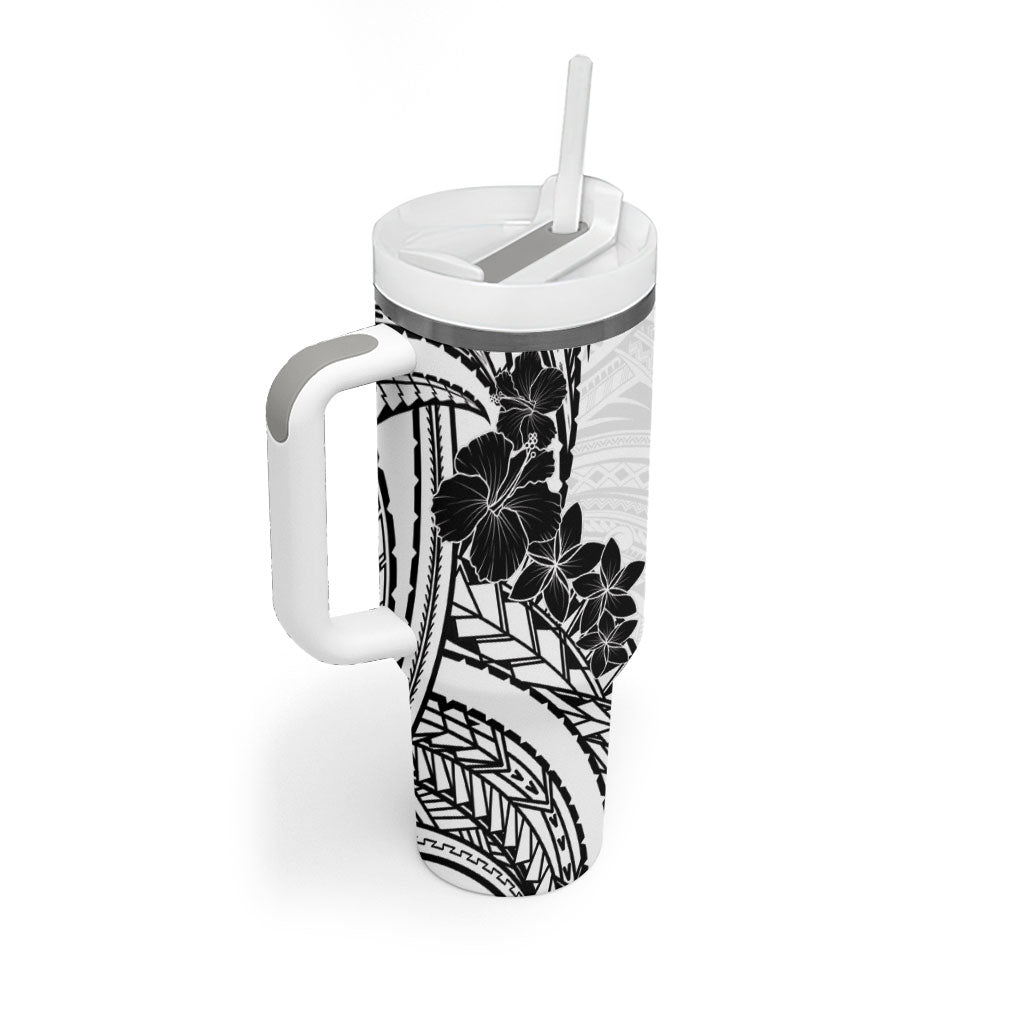 Black White Polynesia Tropical Flowers Tumbler With Handle