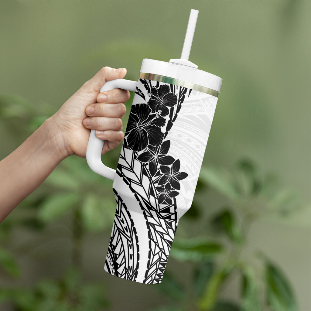Black White Polynesia Tropical Flowers Tumbler With Handle