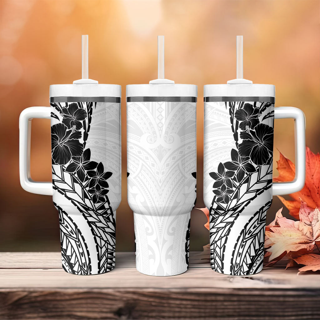 Black White Polynesia Tropical Flowers Tumbler With Handle