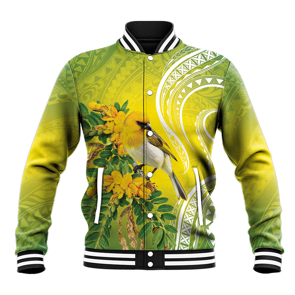 Hawaii Palila Mamane Baseball Jacket Hawaiian Honeycreeper With Native Flower LT14 Unisex Green - Polynesian Pride