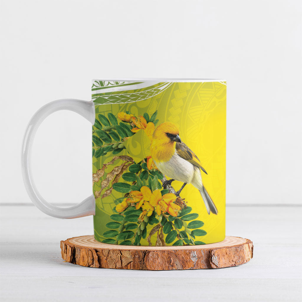 Hawaii Palila Mamane Ceramic Mug Hawaiian Honeycreeper With Native Flower LT14 Green - Polynesian Pride