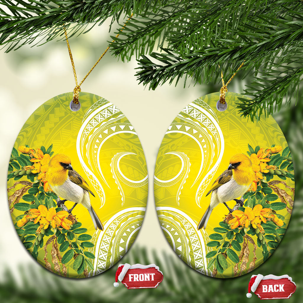 Hawaii Palila Mamane Ceramic Ornament Hawaiian Honeycreeper With Native Flower