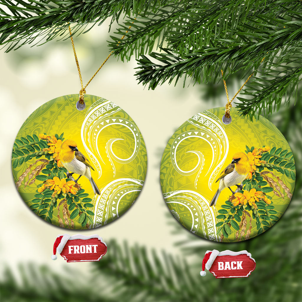 Hawaii Palila Mamane Ceramic Ornament Hawaiian Honeycreeper With Native Flower