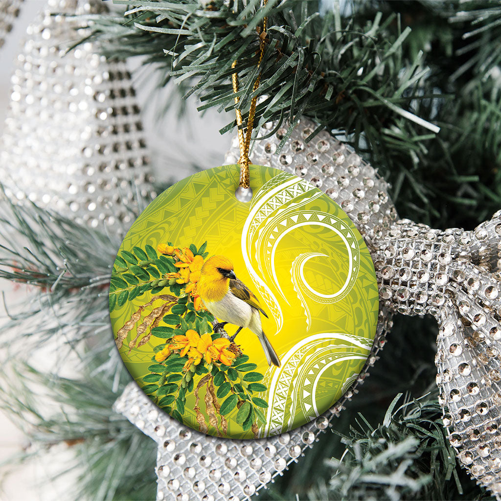 Hawaii Palila Mamane Ceramic Ornament Hawaiian Honeycreeper With Native Flower