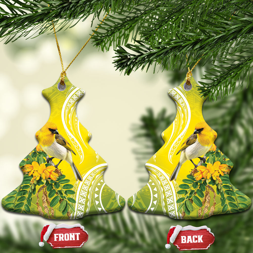 Hawaii Palila Mamane Ceramic Ornament Hawaiian Honeycreeper With Native Flower