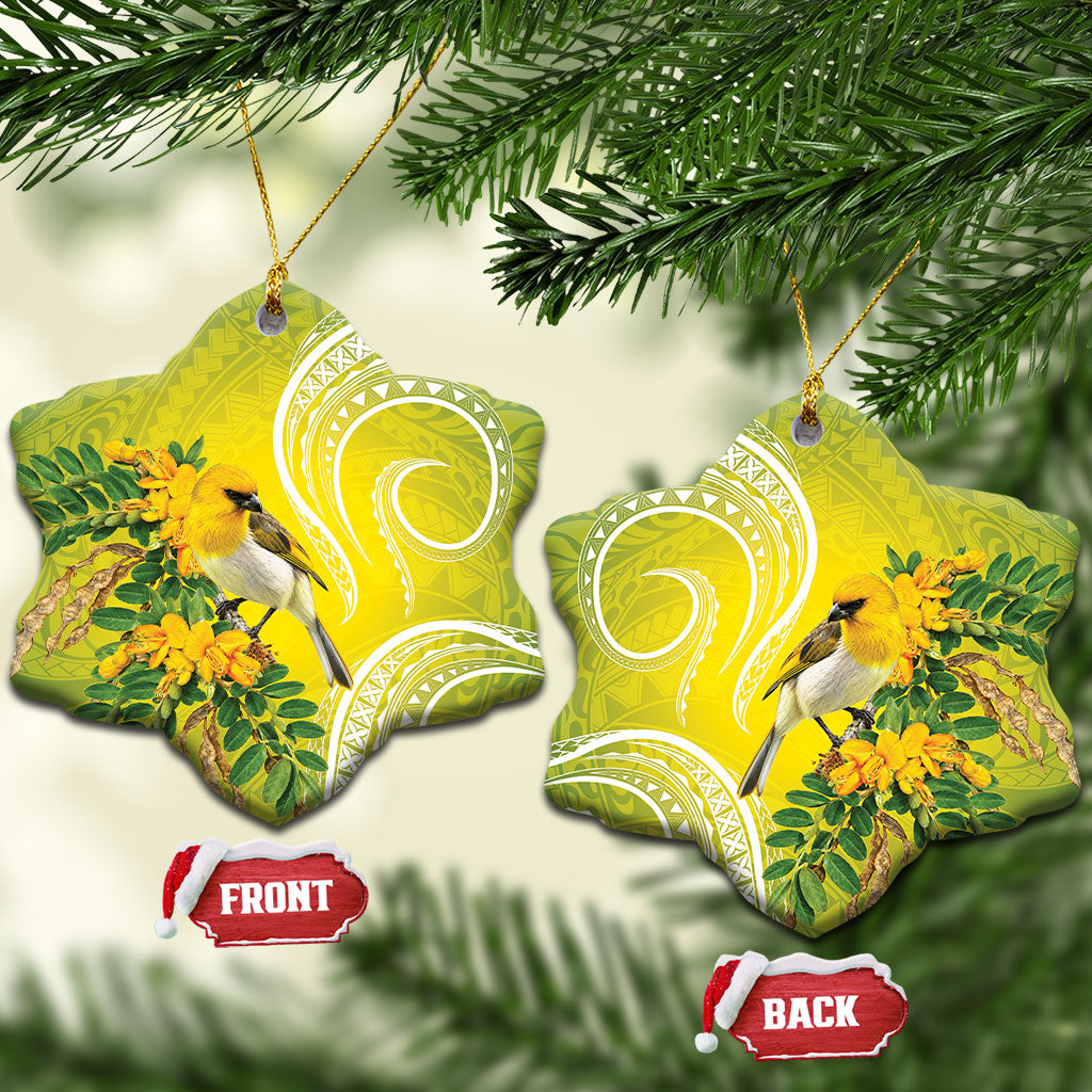Hawaii Palila Mamane Ceramic Ornament Hawaiian Honeycreeper With Native Flower