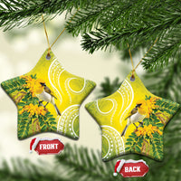 Hawaii Palila Mamane Ceramic Ornament Hawaiian Honeycreeper With Native Flower