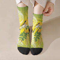 Hawaii Palila Mamane Crew Socks Hawaiian Honeycreeper With Native Flower