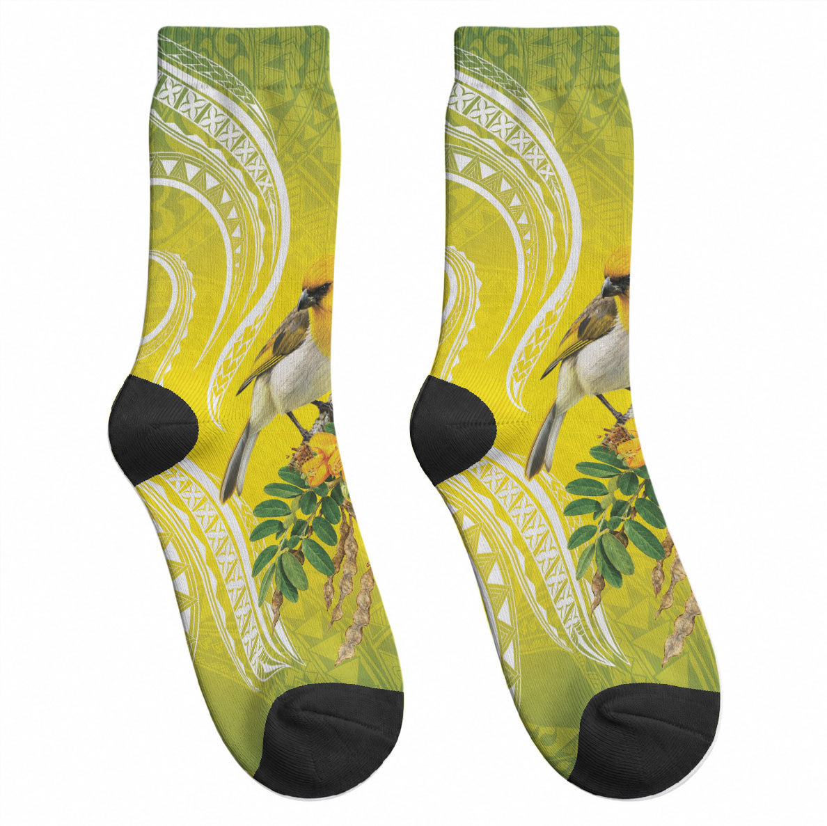 Hawaii Palila Mamane Crew Socks Hawaiian Honeycreeper With Native Flower