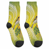 Hawaii Palila Mamane Crew Socks Hawaiian Honeycreeper With Native Flower