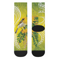 Hawaii Palila Mamane Crew Socks Hawaiian Honeycreeper With Native Flower