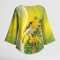 Hawaii Palila Mamane Kimono Sleeve Blouse Hawaiian Honeycreeper With Native Flower LT14 - Polynesian Pride