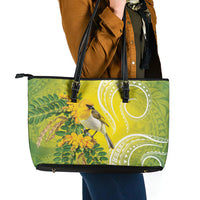 Hawaii Palila Mamane Leather Tote Bag Hawaiian Honeycreeper With Native Flower
