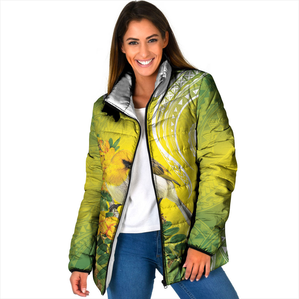 Hawaii Palila Mamane Padded Jacket Hawaiian Honeycreeper With Native Flower LT14 Women Green - Polynesian Pride