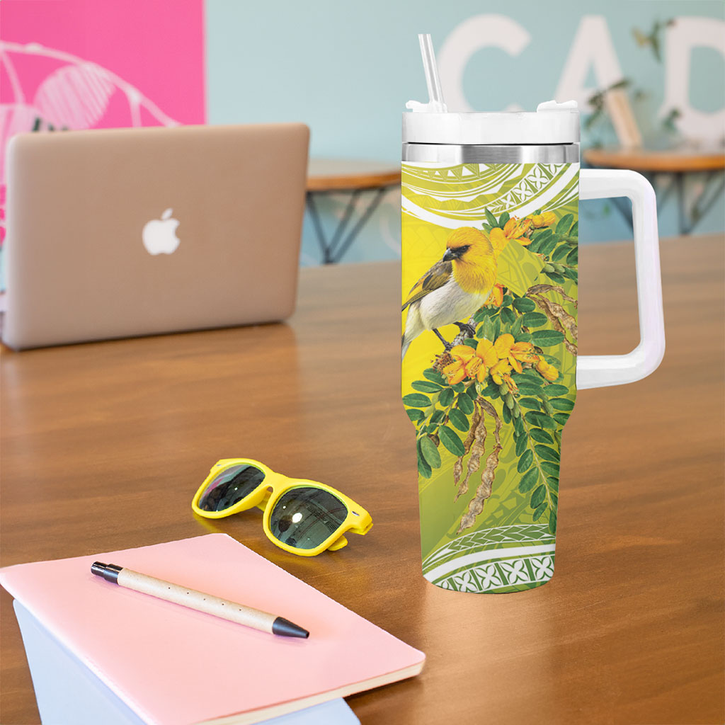 Hawaii Palila Mamane Tumbler With Handle Hawaiian Honeycreeper With Native Flower