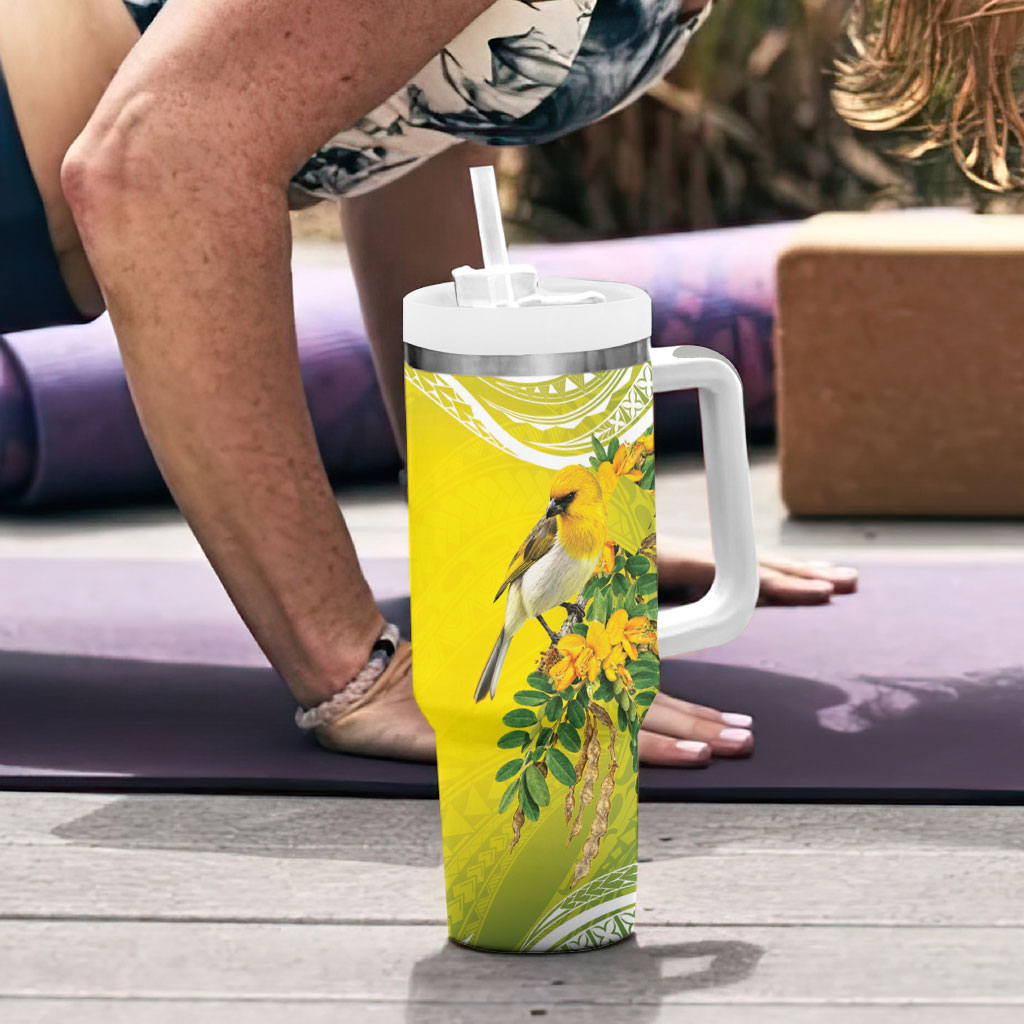 Hawaii Palila Mamane Tumbler With Handle Hawaiian Honeycreeper With Native Flower