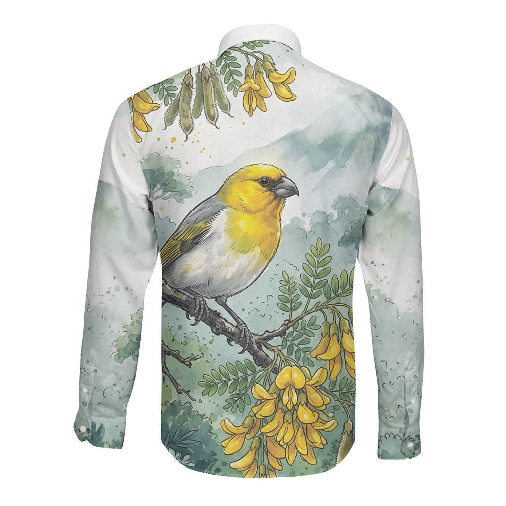 Aloha Hawaii Palila Mamane Watercolor Long Sleeve Button Shirt LT14 - Polynesian Pride