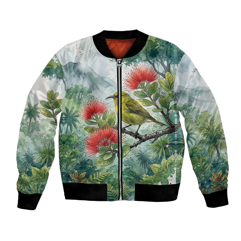 Aloha Hawaii Amakihi Ohia Lehua Watercolor Bomber Jacket