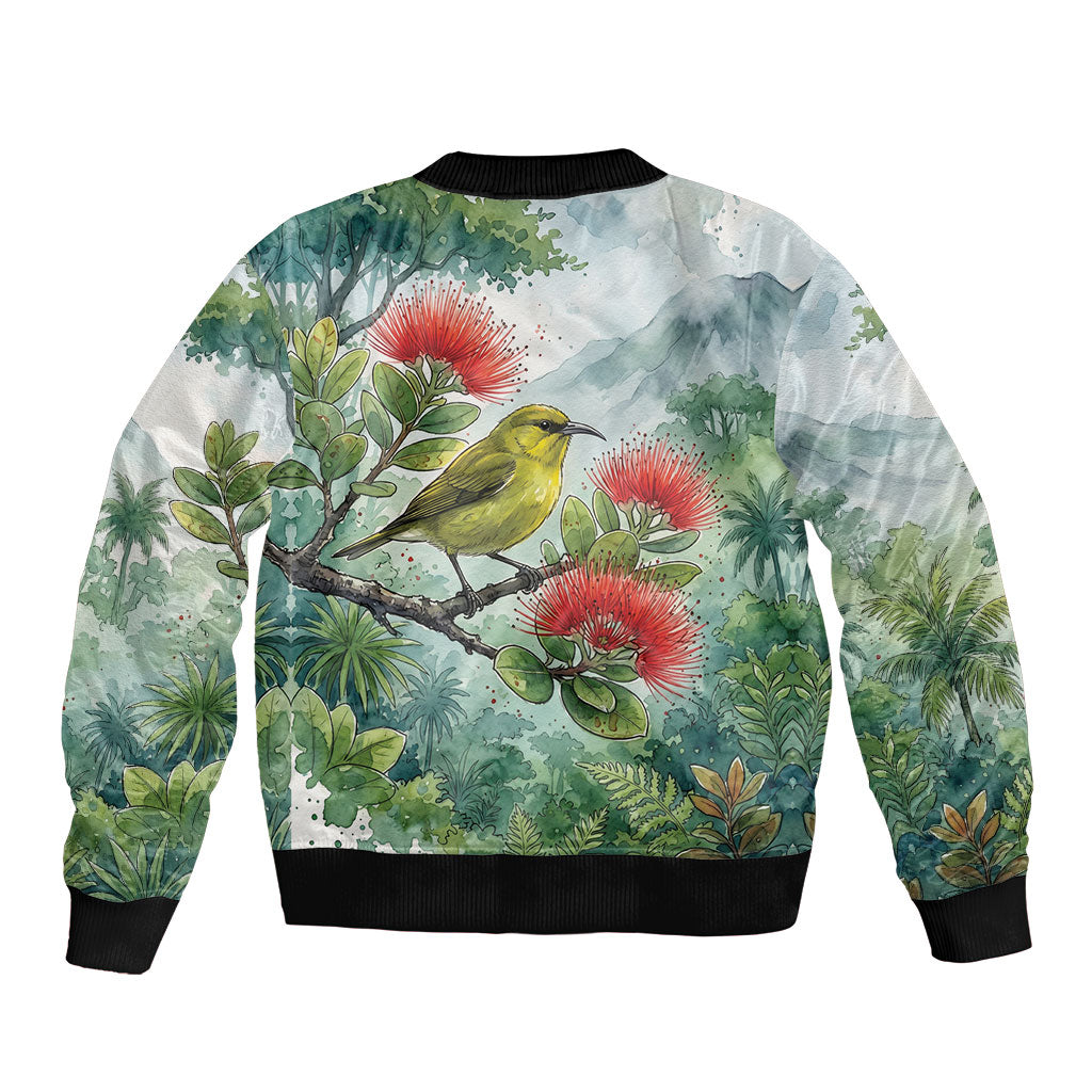 Aloha Hawaii Amakihi Ohia Lehua Watercolor Bomber Jacket