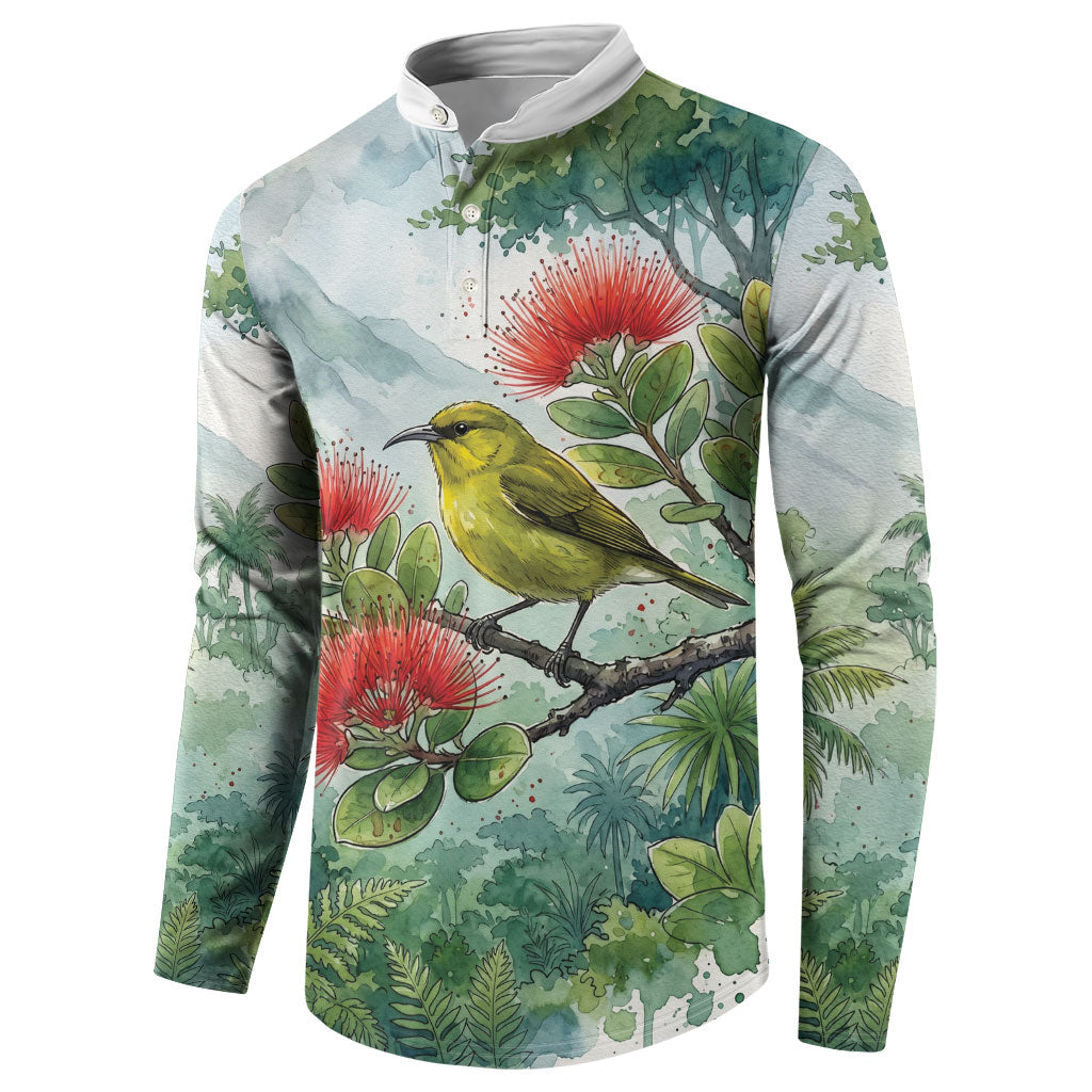 Aloha Hawaii Amakihi Ohia Lehua Watercolor Button Sweatshirt LT14 - Polynesian Pride