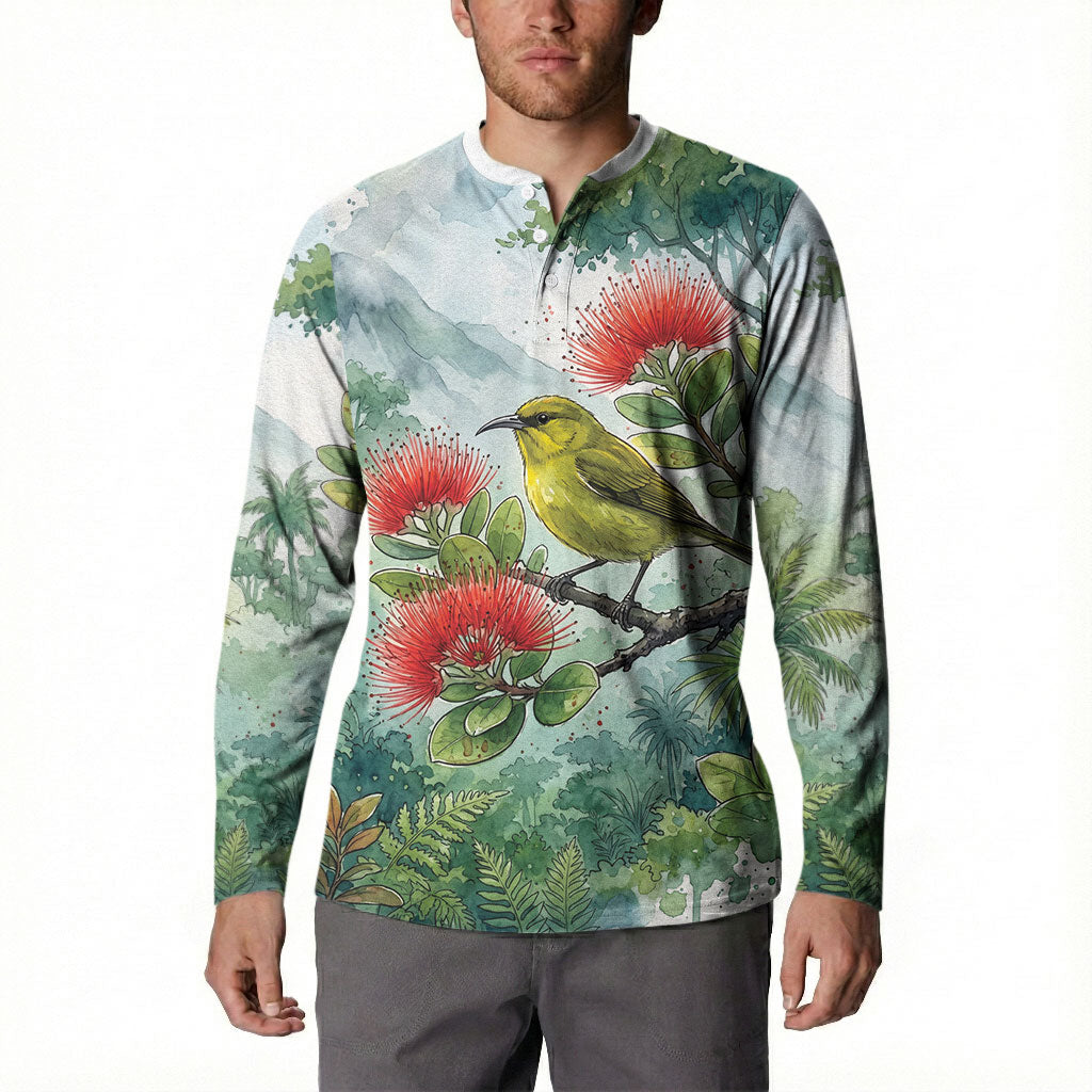 Aloha Hawaii Amakihi Ohia Lehua Watercolor Button Sweatshirt LT14 - Polynesian Pride