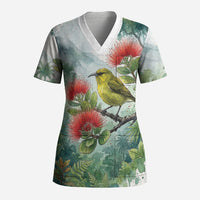 Aloha Hawaii Amakihi Ohia Lehua Watercolor Scrub Top