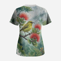 Aloha Hawaii Amakihi Ohia Lehua Watercolor Scrub Top