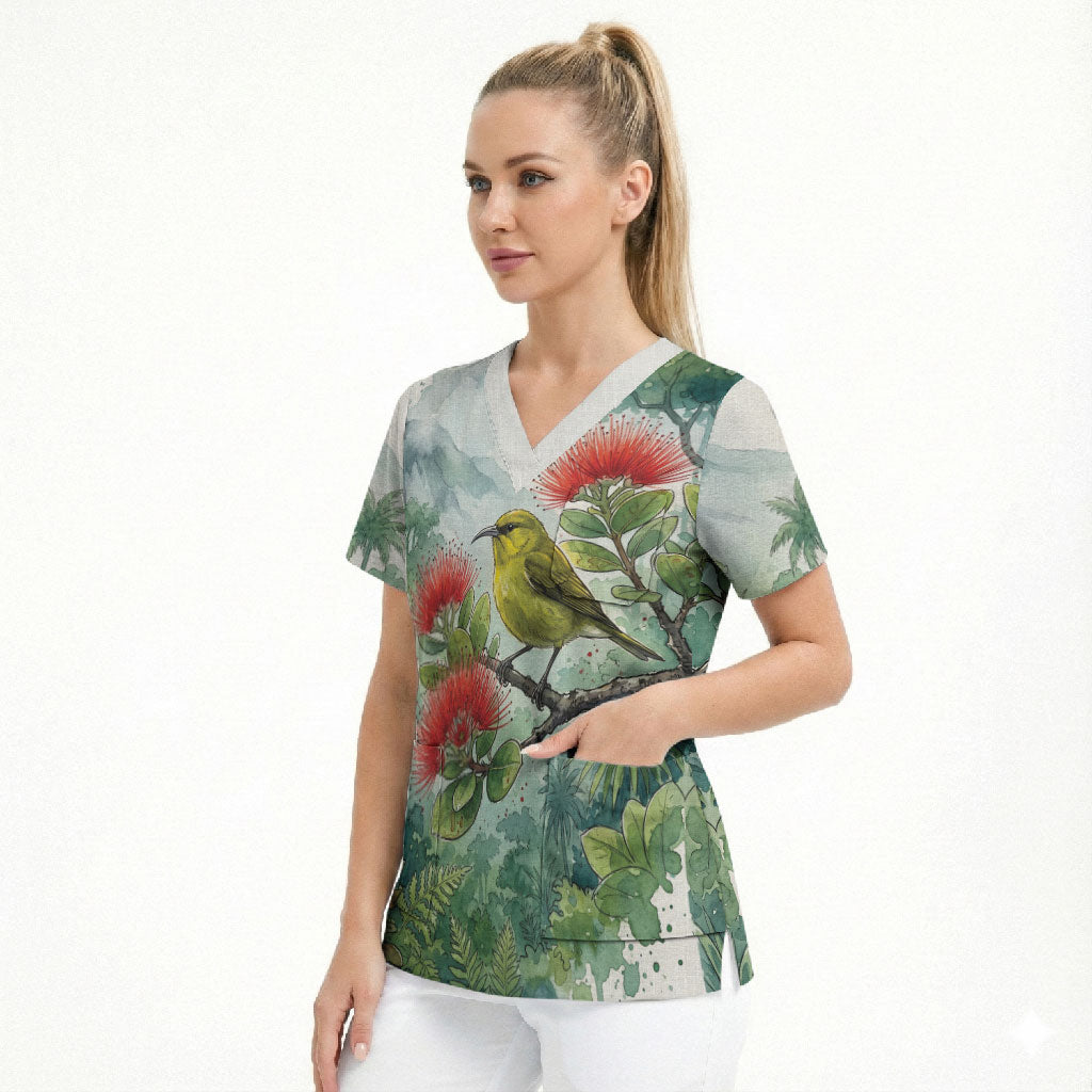 Aloha Hawaii Amakihi Ohia Lehua Watercolor Scrub Top