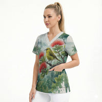 Aloha Hawaii Amakihi Ohia Lehua Watercolor Scrub Top